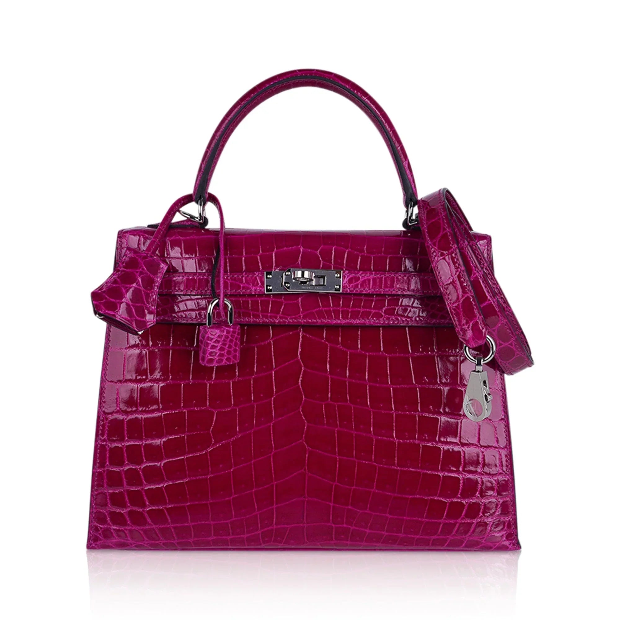 Kelly 25 Sellier Bag Rose Pourpre Crocodile with Palladium Hardware