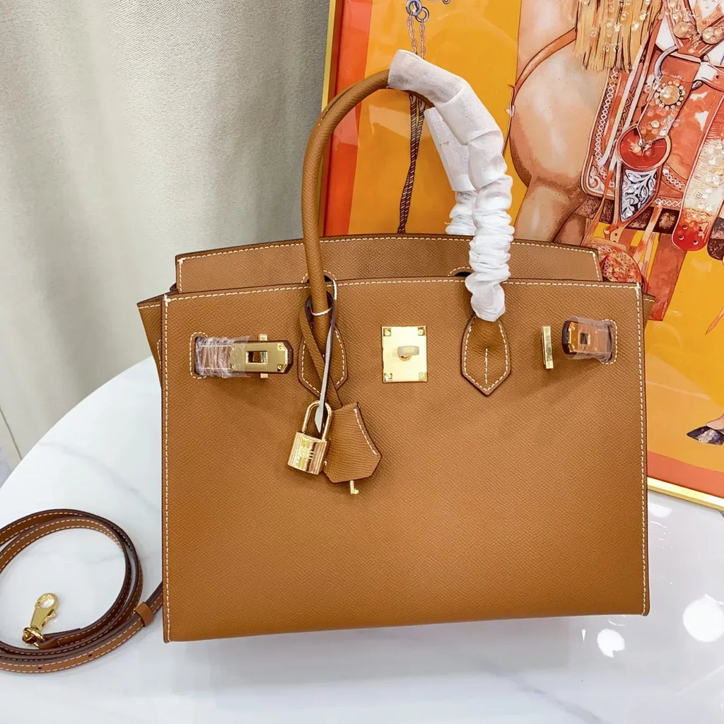 Birkin Sellier 25 Gold Epsom Leather Rolled Handles Gold Hardware Handbag