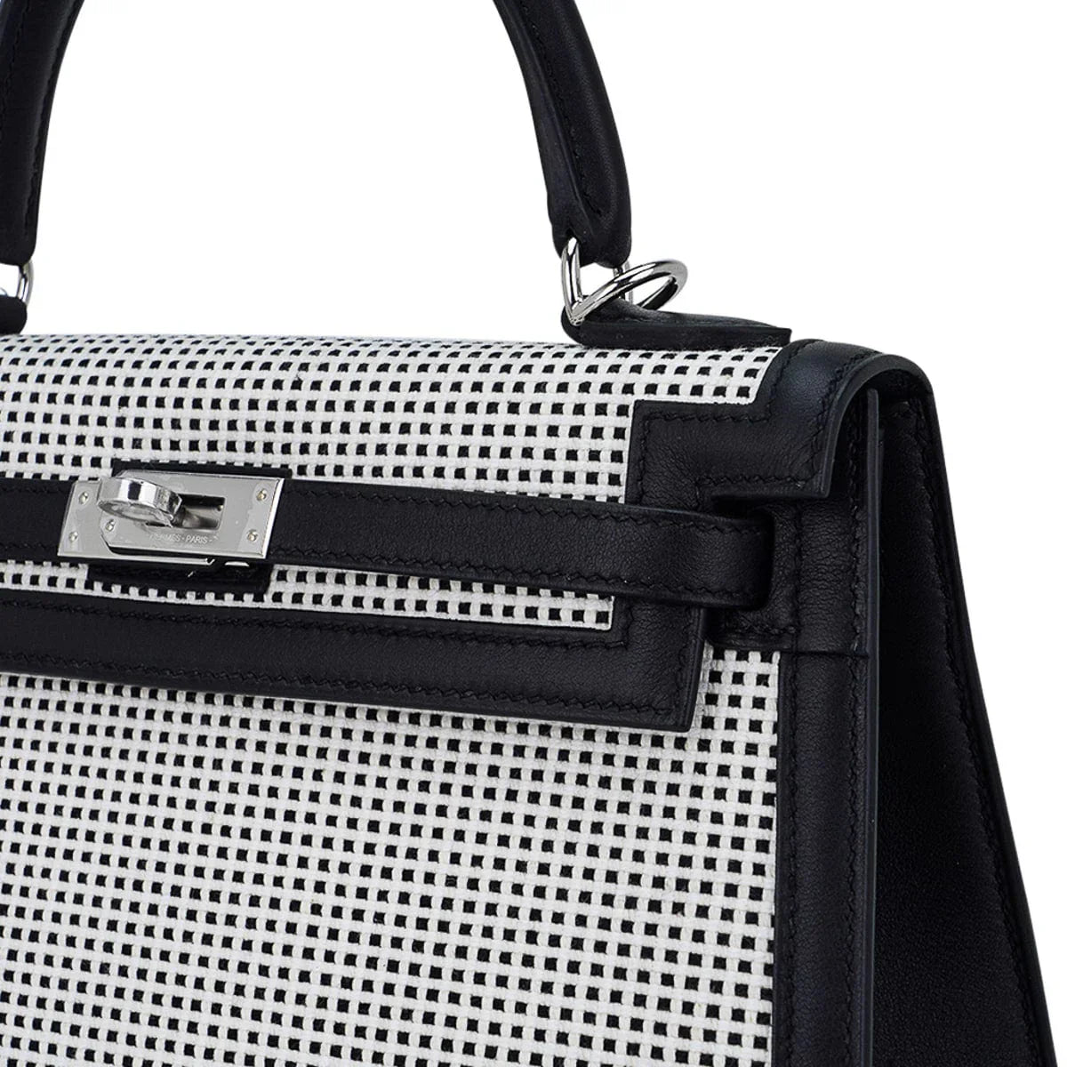 Kelly 25 Sellier Bag Quadrille Black & White Viking Toile Swift Leather with Palladium Hardware