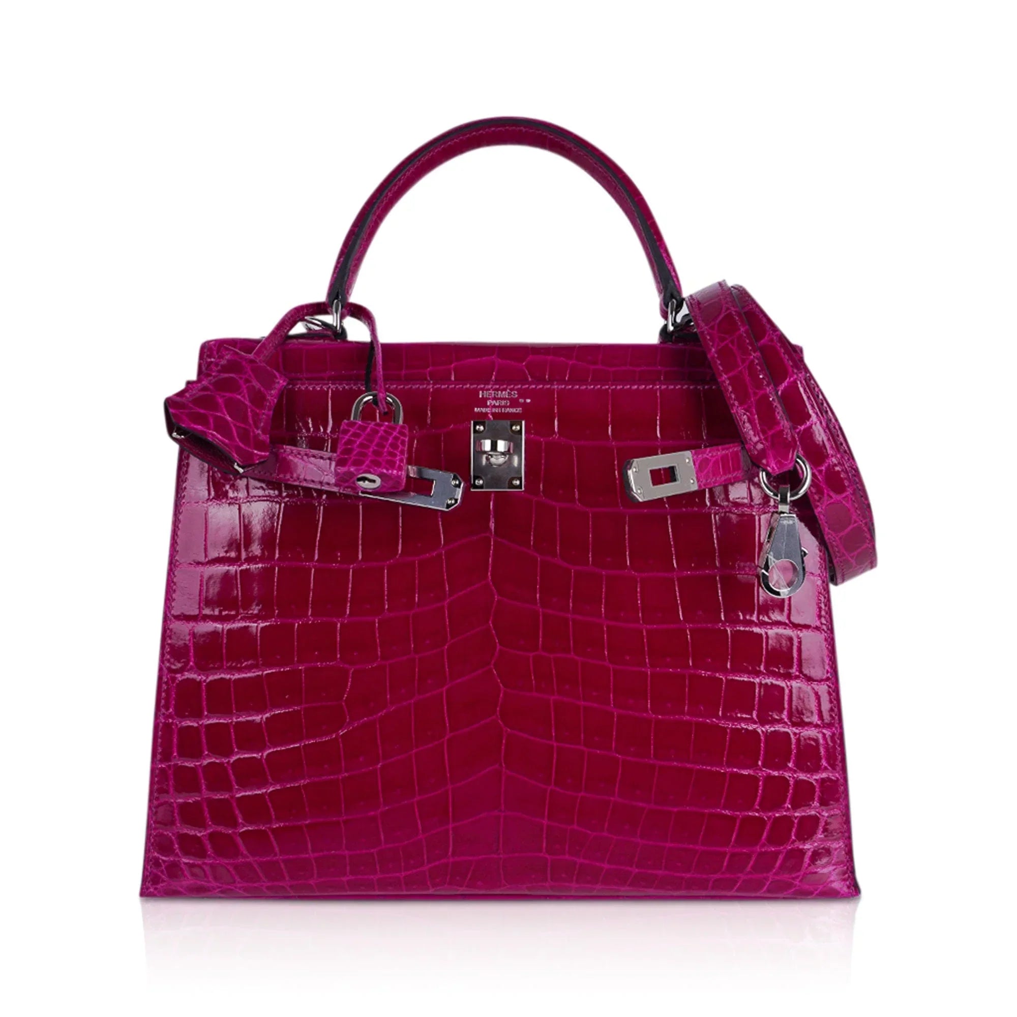 Kelly 25 Sellier Bag Rose Pourpre Crocodile with Palladium Hardware