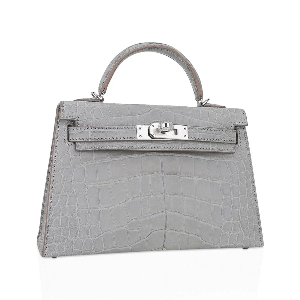 Limited Edition Mini Kelly 20 Sellier Matte Gris Perle Alligator Bag Palladium Hardware
